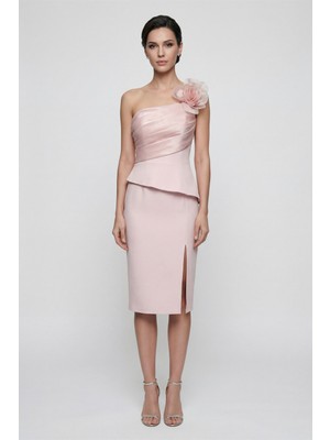 Lafaba Kadın Pudra Çiçek Detaylı Midi Söz Nişan Nikah Abiye Elbise