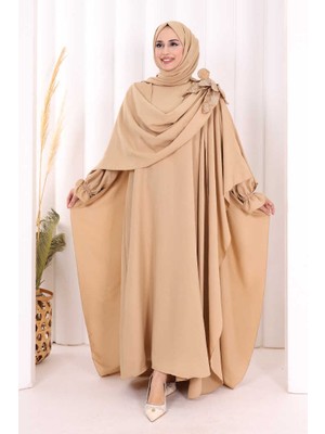 Bym Fashion Pamuk Çiçek Detaylı Elbise Abaya Şal Hediye  8009 Vizon
