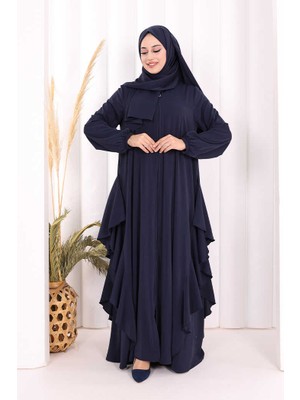 Bym Fashion Umre Yan Fırfır Detaylı Ferace Şal Hediye 7057 Lacivert