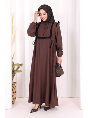 Bym Fashion Bağlamalı ve Fırfır Detaylı Elbise 6064 Kahverengi