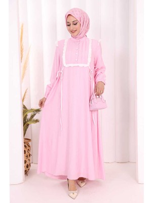 Bym Fashion Bağlamalı ve Fırfır Detaylı Elbise 6064 Pembe
