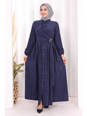 Bym Fashion Broş Detaylı Boydan Düğmeli Elbise 7059 Lacivert