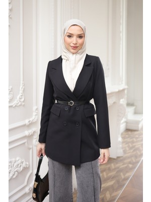 İmaj Butik Siyah Kravuze Yaka Kemerli Astarlı Ceket