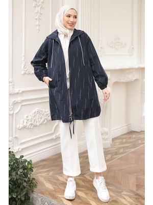 İmaj Butik Lacivert Taş Işlemeli Fermuarlı Trençkot