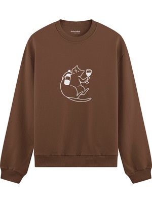 The Lucid Lab Wine Lover Cat Oversize Sweatshirt - Kahverengi