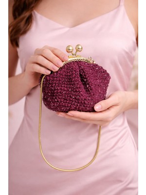 Hobicium Fuşya Renkli Çanta Gold Zincirli Kadın El Çantası Vintage Klipsli El Emeği Çanta