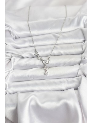 Aesco 316L Çelik Zincir Gümüş Renk Kelebek Model Kadın Kolye - Lisinya