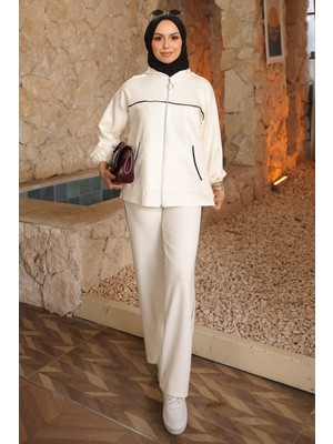 İmaj Butik Ekru Kapüşonlu Fermuarlı Sweat Hırka Pantolonlu Takım
