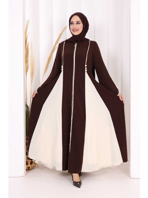 Bym Fashion Dubai Biyeli Fermuarlı Ferace 7050 Kahverengi