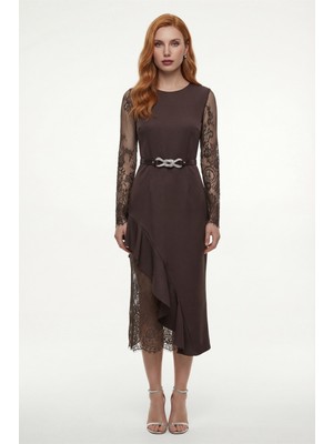 Lafaba Kadın Kahverengi Dantel Detay Midi Elbise