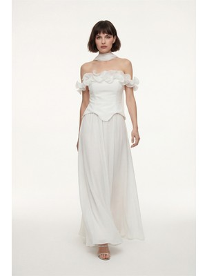 Lafaba Kadın Beyaz Fırfır Detaylı Uzun Söz Nişan Nikah Abiye Elbise