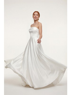 Lafaba Kadın Beyaz Dar Kalıp Straplez Saten Kloş Abiye Elbise