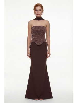Lafaba Kadın Kahverengi Dar Kalıp Straplez Taşlı Uzun Balık Abiye