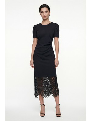 Lafaba Kadın Siyah Dantel Detay Midi Elbise
