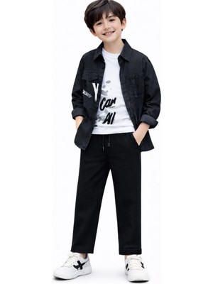 İrem Çocuk Giyim Erkek Çocuk Vagues Yazılı Katlamalı Kol Gömlek Keten Pantolon Tişört Siyah Renk Üçlü Takım