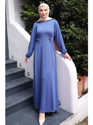 İmaj Butik Saks Mavi Bisiklet Yaka Bel ve Kol Lastikli Bürümcük Elbise