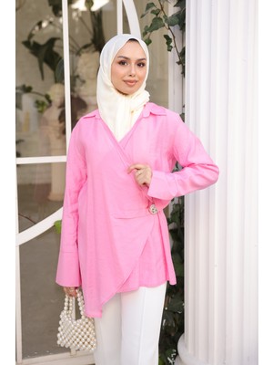İmaj Butik Pembe Kruvaze Yaka Broş Detaylı Kimono Gömlek