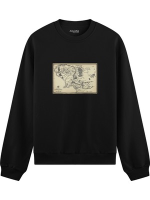 The Lucid Lab Yüzüklerin Efendisi Orta Dünya Haritası - Lord Of The Rings Oversize Sweatshirt - Siyah