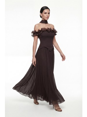 Lafaba Kadın Kahverengi Fırfır Detaylı Uzun Söz Nişan Nikah Abiye Elbise