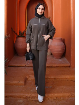 İmaj Butik Haki Kapüşonlu Fermuarlı Sweat Hırka Pantolonlu Takım