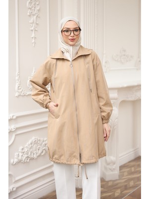 İmaj Butik Vizon Taş Işlemeli Fermuarlı Trençkot