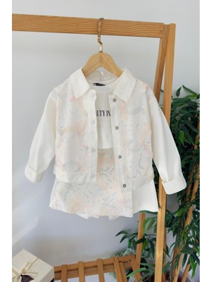 Miniğimin Cicileri Tül Çiçek Payet Detaylı Ceketli Kız Çocuk 3'lü Şort Etekli Takım - Ekru