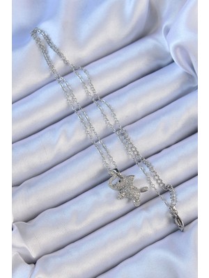 Aesco 316L Çelik Zincir Gümüş Renk Zirkon Taşlı Fil Kolye - Lisinya