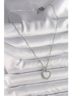Aesco 316L Çelik Gümüş Renk Zincir Zirkon Taşlı Beyaz Mineli Kalp Model Kadın Kolye - Lisinya