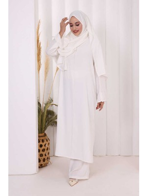 Bym Fashion Hac Umre Biyeli Pantolonlu Tunik Takım Şal Hediye 8001 Ekru