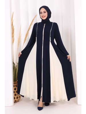 Bym Fashion Dubai Biyeli Fermuarlı Ferace 7050 Lacivert