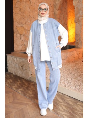 İmaj Butik Mavi Sıfır Kol Bluz Ceket Pantolonlu 3'lü Kot Takım