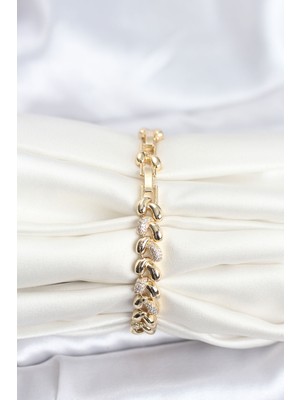 Aesco Pirinç Gold Renk Vıp Seri Sarmal Damla Model Zirkon Taşlı Kadın Bileklik - Lisinya