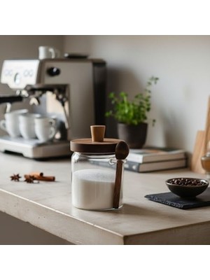 Velora 1 Adet Akasya Kapaklı ve Kaşıklı Cam Kavanoz 500 ml | Mutfak Için Borosilikat Baharatlık, Şekerlik, Kahvelik | Çap 9 Cm, Yükseklik 13 cm | Hava Geçirmez, Doğal Ahşap