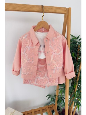 Miniğimin Cicileri Tül Çiçek Payet Detaylı Ceketli Kız Çocuk 3'lü Şort Etekli Takım - Somon