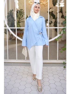İmaj Butik Bebe Mavi Kruvaze Yaka Broş Detaylı Kimono Gömlek