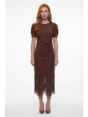 Lafaba Kadın Kahverengi Dantel Detay Midi Elbise