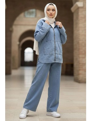 Önden Fermuarlı Kanguru Cepli Ikili Kot Takım HM2880 Açık Mavi