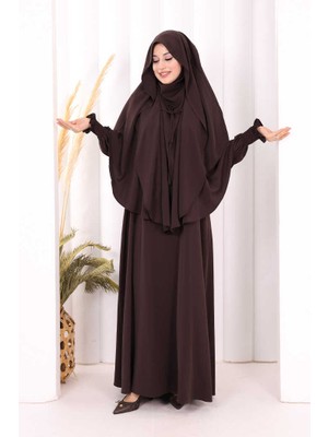 Bym Fashion Peçeli Cilbab Model Elbise 6063 Kahverengi