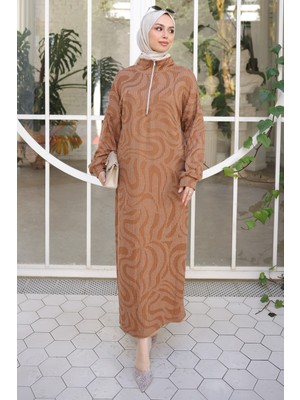 İmaj Butik Taba Yarım Fermuarlı Fitilli Desenli Elbise