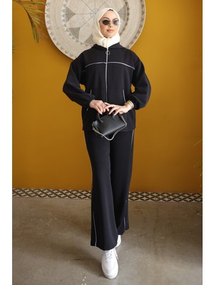 İmaj Butik Siyah Kapüşonlu Fermuarlı Sweat Hırka Pantolonlu Takım