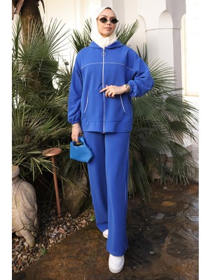 İmaj Butik Saks Mavi Kapüşonlu Fermuarlı Sweat Hırka Pantolonlu Takım