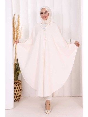Bym Fashion Foks Kumaş Kapşonlu Panço 70130 Ekru