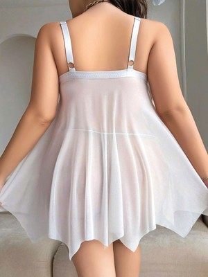 Beruflic  Büyük Beden Beyaz Kalın Askılı Kurdelalı Fantezi Tül Gecelik