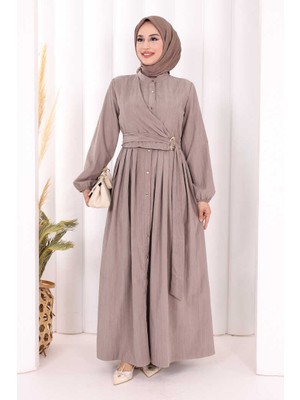 Bym Fashion Broş Detaylı Boydan Düğmeli Elbise 7059 Duman