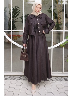 İmaj Butik Kahverengi Kot Ceket Elbise Ikili Kombin Takım