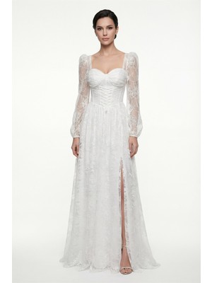 Lafaba Kadın Beyaz Dar Kalıp Uzun Kol Bacak Dekolteli Dantelli Abiye Elbise