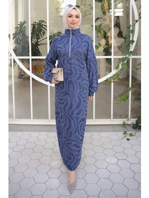 İmaj Butik Lacivert Yarım Fermuarlı Fitilli Desenli Elbise