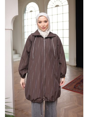 İmaj Butik Kahverengi Taş Işlemeli Fermuarlı Trençkot