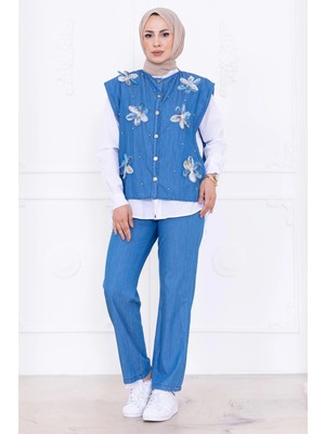 Papatya Dokunuşlu Yelekli Kot Takım HM2878 Açık Mavi