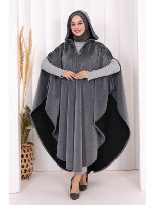 Bym Fashion Foks Kumaş Kapşonlu Panço 70130 Gri